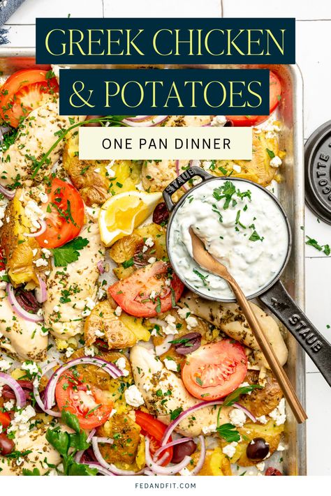 This mouthwatering Greek chicken and potatoes sheet pan meal! It’s like a Mediterranean vacation for your taste buds, and the best part? Minimal cleanup, maximum flavor – dinner win! It's EASY! Everything that needs cooking in this meal cooks on one sheet pan, allowing for fewer dirty dishes and less effort on your part. Greek Chicken One Pan Dinner, Sheet Pan Dinners Greek, Greek Chicken Sheet Pan Dinner, Greek Sheet Pan Chicken Dinner, Chicken And Potatoes Sheet Pan, One Pan Greek Chicken, Sheet Pan Greek Chicken And Potatoes, Sheet Pan Dinner Ideas, Greek Sheet Pan Chicken