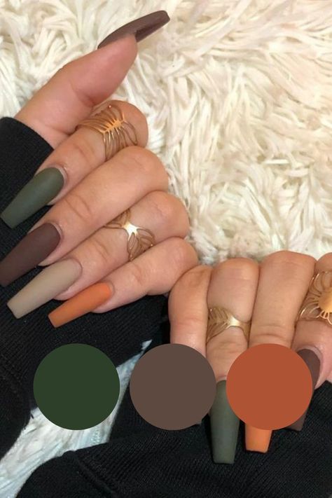 Matte Nails Fall Colors, Fall Nail Color Palette, Fall Nails Ideas Autumn Matte, Brown And Green Nails Design, Fall Nails Ideas Autumn 2024, Spirit Nails, Matte Nail Colors, Nails Thanksgiving, Girls Nail Designs