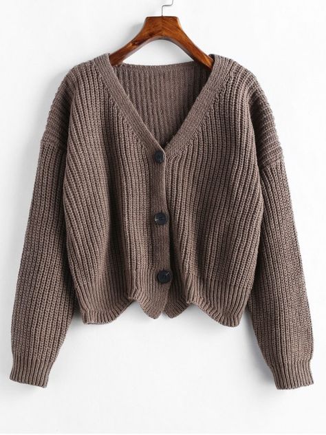 Scalloped Hem Chunky Knit Cardigan - BROWN BEAR ONE SIZE Holiday Knits, Mode Turban, Pakaian Feminin, غرفة ملابس, Mode Kpop, Chunky Knit Cardigan, Fesyen Hijab, Casual Cardigans, Cardigan Fashion