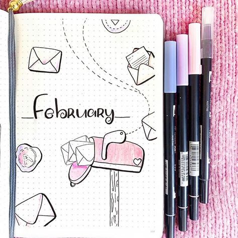 If you're looking for February bullet journal page ideas, I've got you covered. This post is filled with February cover pages and additional spreads that I thought would be fitting for this month. February bullet journal ideas, calendars, mood trackers, and more. Bullet Journal Febrero, Bullet Journal Essentials, Monthly Cover Page, Bullet Journal 2022, Bullet Journal Spread Ideas, Beautiful Dawn, Cover Page Ideas, February Bullet Journal, Tombow Brush Pen