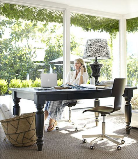 Pottery Barn Dining Table, Sunroom Office, Office Table Desk, Home Office Table, Office Nook, Workspace Inspiration, Lampe Design, Diy Desk, Home Office Space