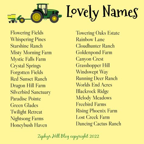 How to Name Your Farm or Ranch Funny Farm Names, Cute Farm Names Stardew Valley, Farm Names Ideas Stardew Valley, Stardew Valley Farm Name Ideas, Homestead Names Ideas, Farm Names Ideas, Stardew Valley Farm Names, Farm Names, Tiny Homestead