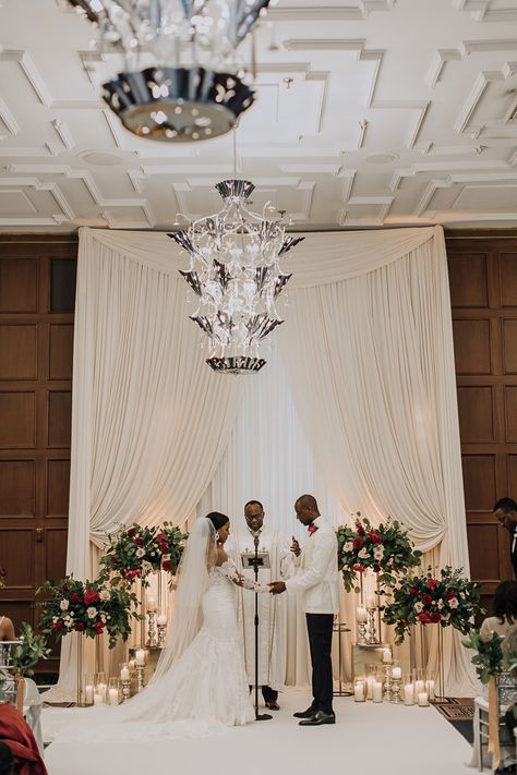 Wedding Alter Without Arch, Wedding Ceremony Backdrop Design, Wedding Backdrop With Candles, Ballroom Ceremony Decor, Indoor Wedding Arbor, Ballroom Wedding Backdrop, Ballroom Wedding Ceremony Decor, Hotel Wedding Ceremony Indoor, Hotel Ballroom Wedding Ceremony