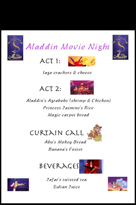 Aladdin movie night broadway #Aladdinmovienight Disney Dinner And Movie Night Aladdin, Aladdin Movie And Dinner, Aladdin Themed Dinner, Aladdin Movie Night Food, Aladdin Food Ideas, Aladdin Themed Food, Aladdin Movie Night, Disney Movie Themed Dinner, Disney Meals