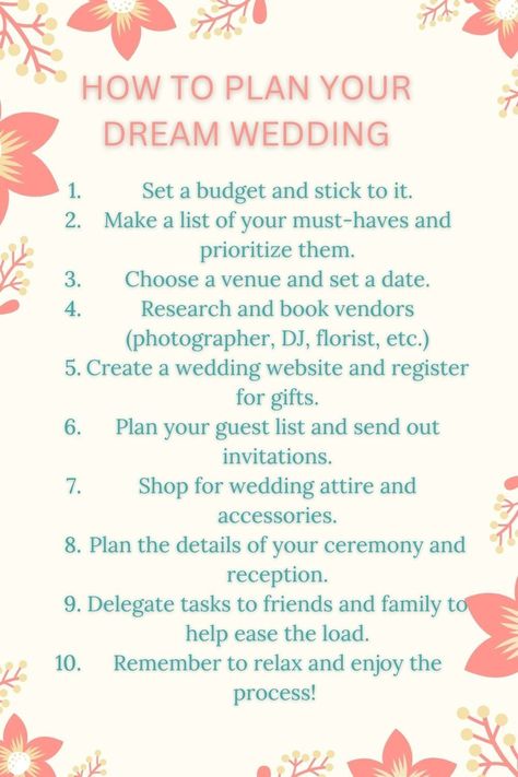 Saying "I do" should be a dream, not a stress dream.  While wedding planning can feel like a whirlwind,  a sprinkle of organization and a dash of planning can turn it into a truly joyful journey.  Here are some tips to keep you focused and ensure your planning experience is as magical as the day itself.  
.#WeddingPlanning #BrideToBe #WeddingInspiration #EventPlanning #DreamWedding How To Plan For A Wedding, Plan A Wedding In A Year, Step By Step Wedding Planning Guide, Wedding Organization Ideas, How To Start Planning A Wedding, How To Plan A Wedding, Wedding Planner Ideas, Wedding Tips And Tricks, Wedding Planning Organizer