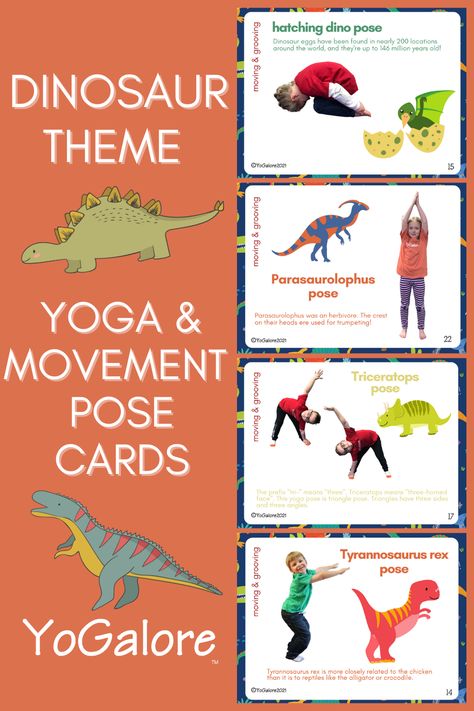 These dinosaur yoga and movement cards will get your students moving and grooving while learning some fun dinosaur facts! Dinosaur Yoga, Dinosaur Lesson, Dinosaur Classroom, Dinosaur Activity, Movement Cards, Dinosaur Activities Preschool, Dinosaur Facts, Yoga Games, Dinosaurs Preschool