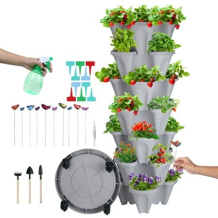 7-Tier Stackable Vertical Garden Planter with Wheels and Accessory, Self-Watering for Indoor/Outdoor Growing of Vegetables, Herbs, Succulents FEATURES: *WEATHER-RESISTANT AND DURABLE Stackable planter is made of high-quality polypropylene plastic, four pots per Tier, sturdy and durable, nontoxic, and nonfading. This vertical garden planter is perfect for gardens, patios, or porches growing flowers, herbs, vegetables and succulents. *MOVABLE AND STACKABLE Vertical Garden planters come with 4 flex Stackable Planters, Strawberry Planter, Vertical Garden Planters, Tiered Planter, Vegetable Planters, Vertical Garden Indoor, Strawberry Planters, Planting Tools, Tiered Garden