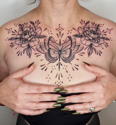 Butterfly Tattoo Sternum Chest Piece, Chest Tattoo Template, Tattoo Ideas Female Stomach, Chest Tattoo Female Small, Butterfly Sternum Tattoo, Witchy Chest Tattoo, Butterfly Chest Tattoo, Chest Neck Tattoo, Chest Tattoo Designs Female