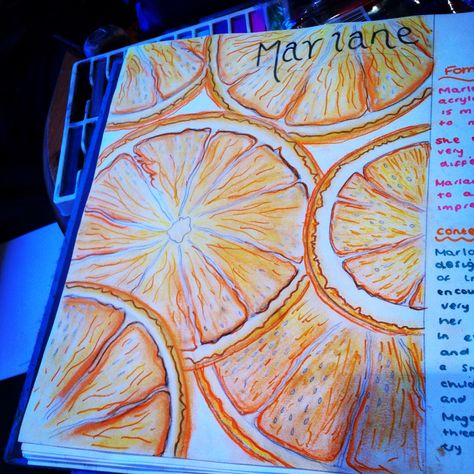 4 hours of work and oranges are finally finished.. My interpretation on Marlane Wurzbach - art sketchbook Food Gcse Art, Food Art Gcse Sketchbook Pages, Fruit Art Gcse, Gcse Art Observation Page, Gcse Art Sketchbook Fruit And Veg, Fruit Sketchbook Page, Gcse Art Sketchbook Layout Grade 9 Natural Forms, Natural Forms Gcse, Childhood Art