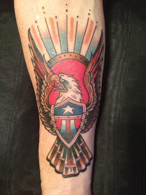 American traditional Eagle and shield Tattoo by Frank Fontanez. Traditional Leg Sleeve Tattoo, Dont Tread On Me Tattoo, Oliver Peck Tattoos, Traditional Leg Sleeve, Arm Wrap Tattoo, Traditional Eagle, Traditional Eagle Tattoo, Traditional Hand Tattoo, Shield Tattoo