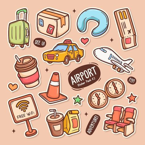 Doodle Travel, Traveling Stickers, Traveling Stickers Printable, Stickers Aesthetic Travel, Doodle Stickers Hand Drawn, Stickers For Travel Journal, Airplane Vector, Diary Decoration, Sticker Design Inspiration