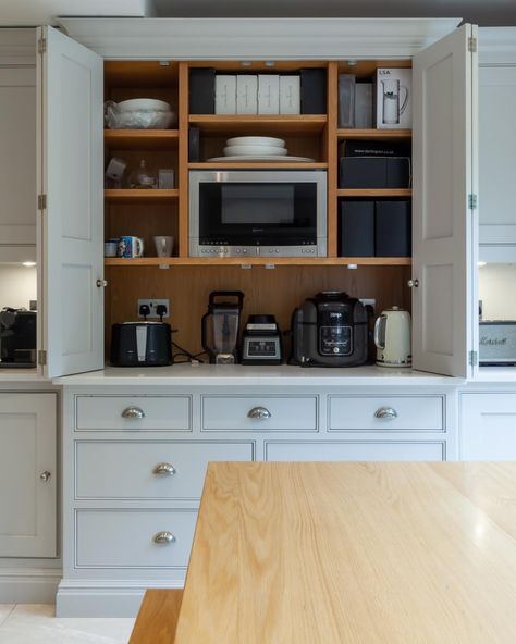 Appliance Cubby Kitchen, Microwave Kitchen Cabinet Ideas, Hidden Cupboard Kitchen, Appliance Garage With Microwave, Coffee Garage In Kitchen, Butlers Pantry With Microwave, Built In Appliance Cabinet, Baking Station In Kitchen, Appliance Cabinet Kitchen