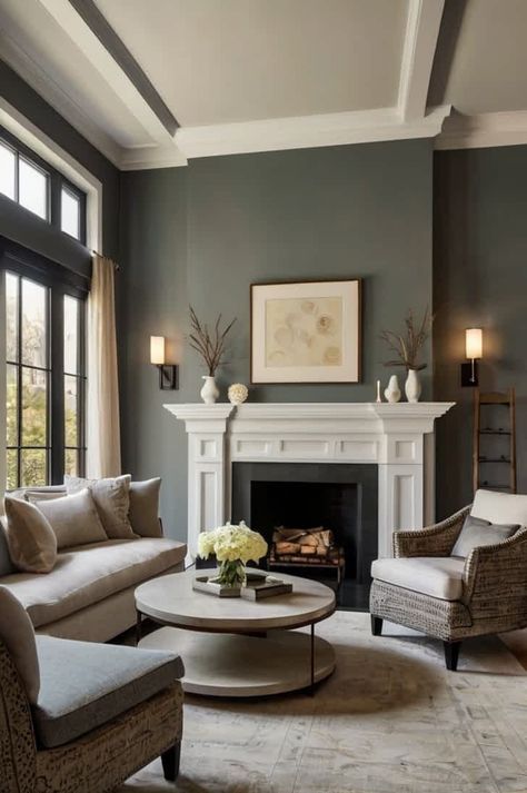 2024 Living Room Paint Color Ideas: Refresh Your Space With The Latest Trends Evergreen Fog Family Room, Mantel Paint Color Ideas, Front Room Paint Ideas Wall Colors, Living Room Paint Schemes, Cozy Den Paint Colors, Open Floor Plan Wall Color Ideas, Front Room Paint Colors, Evergreen Fog Living Room Ideas, Dark Wall Colors For Living Room