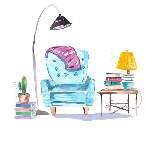 Chair Illustration, Reading Armchair, Chair Drawing, Memoir Books, Bedroom Drawing, Iron Lamp, Fabric Lampshade, Small Canvas, Watercolor Inspiration