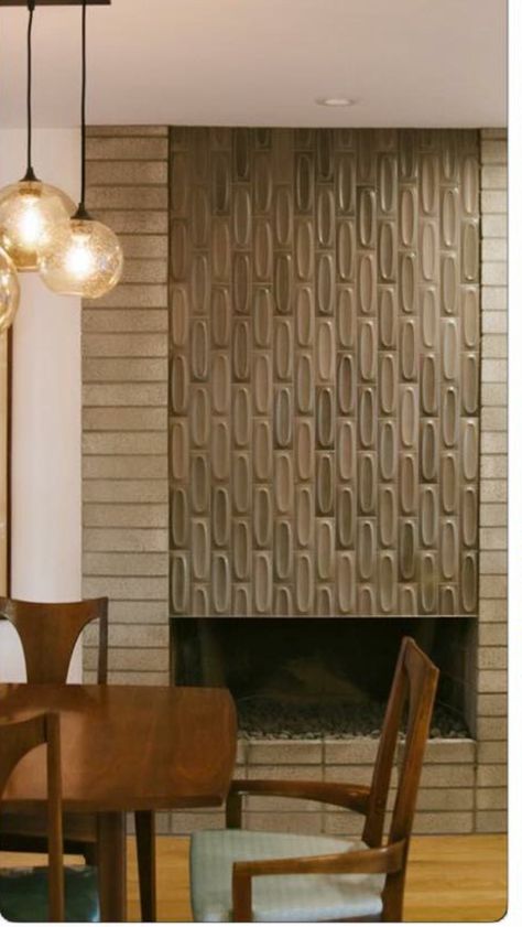 Fireplace | Raised and beautiful tile Mid Century Tile Fireplace, Mid Century Fireplace Tile, Mid Century Fireplace Ideas, Mid Century Modern Fireplace Ideas, Modern Fireplace Tiles, Midcentury Modern Fireplace, Fireplace Tile Ideas, Mid Century Modern Fireplace, Mid Century Fireplace