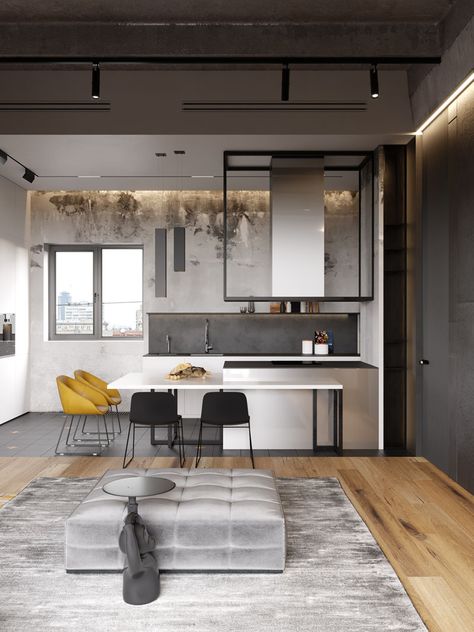 Kitchen Ideas - This modern mostly white kitchen, has stainless steel peninsula that's surrounded by a counter, that acts as a dining area. #KitchenIdeas #KitchenDesign #ModernKitchen #WhiteKitchen Black Tiles Kitchen, Modern Loft Apartment, Loft Living, Style Loft, Modern Loft, Loft Design, Loft Apartment, Loft Spaces, Loft Style