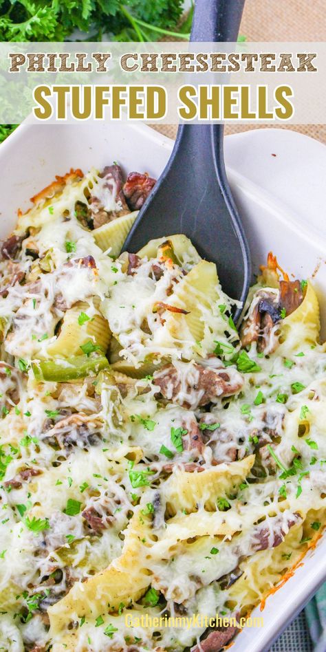 These amazing Philly cheesesteak stuffed shells are a great dinner idea. Cheese Steak Stuffed Shells, Steak Stuffed Shells, Cheesesteak Stuffed Shells, Pasta Shells Stuffed, Shells Stuffed, Favorite Casserole Recipes, Easy Chicken Casserole Recipes, Chicken Casserole Easy, Healthy Casserole Recipes