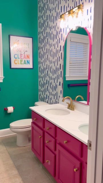 Small Bathroom Decor Colorful, Colorful Bathroom White Tile, Pop Of Color Bathroom Vanity, Black And White Bathroom Pop Of Color, Bright Colored Bathroom Ideas, Bright Half Bath, Fun Retro Bathroom Ideas, Bright Colorful Bathroom Ideas, Colorful Beach Bathroom