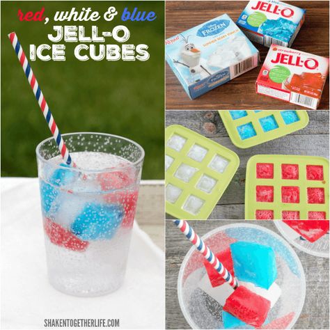 Jello Ice Cubes, Red White Blue Jello, Colored Ice Cubes, Mini Fruit Pizzas, Kids Drinks, Jello Dessert, Blue Jello, July Desserts, Berry Punch