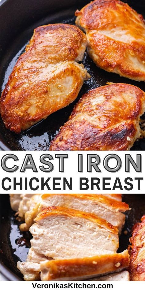 Seared boneless chicken breasts in a cast iron skillet. Oven Cooked Chicken Breast, Cast Iron Skillet Recipes Chicken, Chicken Cast Iron Skillet, Cast Iron Chicken Breast, Cast Iron Chicken Recipes, Boneless Chicken Breast Recipes Easy, Baked Boneless Chicken Breast, Boneless Skinless Chicken Breast Recipes, Cast Iron Skillet Recipes Dinner