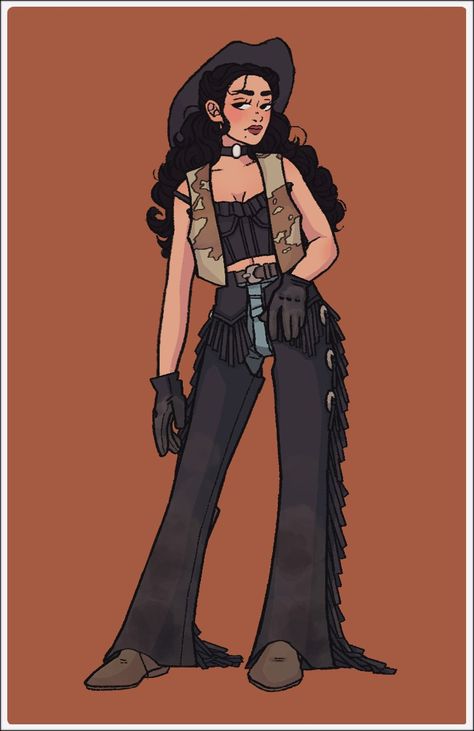 Cowgirl Costume With Chaps, Hillbilly Character Design, Goth Cowgirl Outfit, Gothic Country, Emo Cowgirl, Wild West Costumes, Wild West Outlaws, Witch Clothes, Cowgirl Art