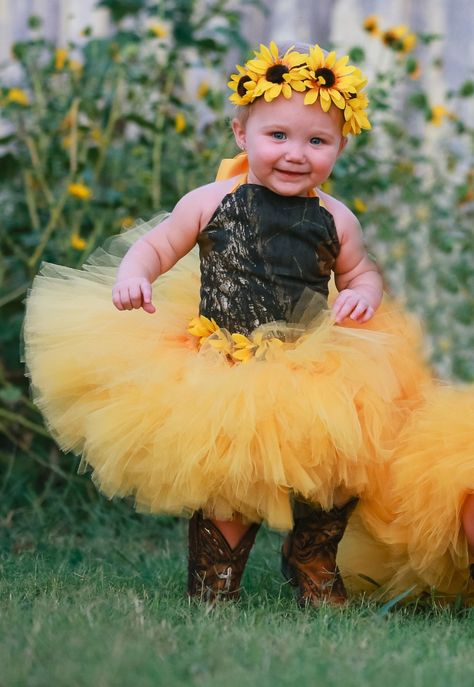 Sunflower And Camo Wedding, Sunflower Inspired Dress, Sunflower Themed Wedding, Sunflower Dress, Camo Wedding, Mossy Oak Camo, Camo Dress, Gold Wedding Cake, Wedding Flower Girl