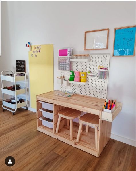 Dundra Table Hack, Family And Playroom Combo, Ikea Trofast Desk Hack, Ikea Trofast Ideas, Trofast Desk Hack, Trofast Desk, Playroom Trofast, Table For Playroom, Trofast Shelf