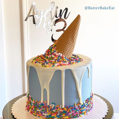 Birthday Cake With Ice Cream Cone On Top, Cake With Ice Cream Cone On Top, Melted Ice Cream Cake, Cake With Ice Cream, Cream Birthday Cake, Ice Cream Birthday Party Theme, Melted Ice Cream, Ice Cream Party Theme, Ice Cream Cone Cake