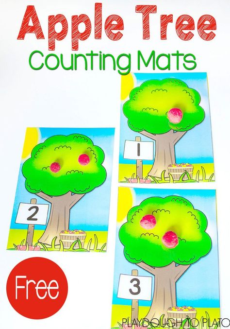 FREE Apple Tree Counting Mats. These are perfect for fall! Such a fun way to work on number recognition and counting. Apple Tree Counting, Apple Tree Activity, Tree Activities, Free Math Centers, Preschool Apple Theme, Counting Mats, Apple Lessons, Playdough To Plato, Homeschool Activity