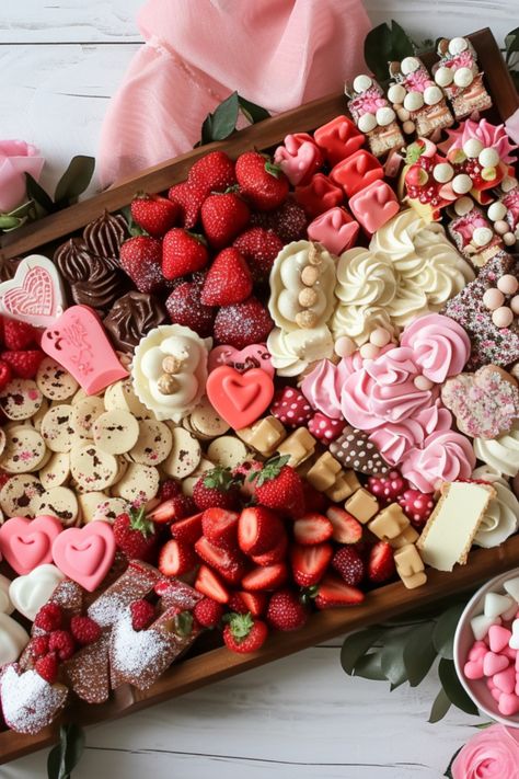 Pink Dessert Board, Red Food Board, Valentine Charcuterie, Charcuterie Board Dessert, Desserts Board, Valentine's Desserts, Candy Charcuterie Board, Sweets Board, Dessert Boards