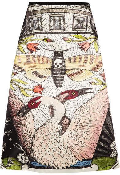 Gucci - Printed Duchesse Silk-satin Midi Skirt - Beige Prada Flowers, Fish Skirt, Gucci Butterfly, Skirt Gucci, Embellished Midi Skirt, Beige Midi Skirt, Patterned Skirts, Silk Skirts, White Knee Length Skirt