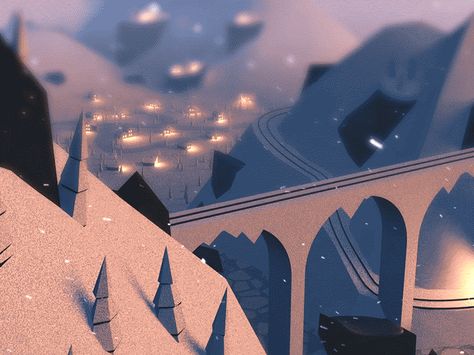 Moutain bridge twitter 2d Concept Art, Animated Illustration, Gif Illustration, Animated Banners, Motion Graphics Inspiration, Low Poly Art, 3d Video, Motion Graphics Design, Motion Design Animation