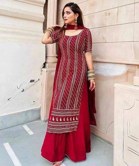 Georgette Straight Kurtis, Red Kurti, Kurti With Palazzo, Kurti Palazzo, Straight Kurti, Georgette Tops, Printed Kurti, Dupatta Set, Work Tops