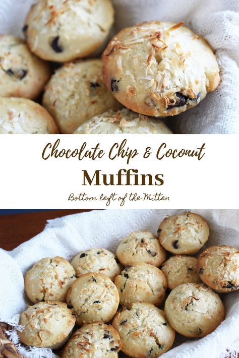 These Chocolate Chip & Coconut Muffins are delicious, easy to make, and are the perfect snack. #muffins #snacks #easysnack #baking #coconut #chocolatechips Coconut Chocolate Chip Muffins, Snack Muffins, Snacking Cake, Beautiful Brunch, Family Breakfast Recipes, Heavenly Recipes, Friends Recipes, Coconut Muffins, Fantastic Recipes