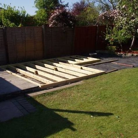 Make a Ground Level Wooden Deck - also includes how to make a deck without digging holes, etc. Building A Floating Deck, Laying Decking, Floating Deck, Wooden Patios, Wooden Deck, Deck Construction, Deck Stairs, Deck With Pergola, Ground Level