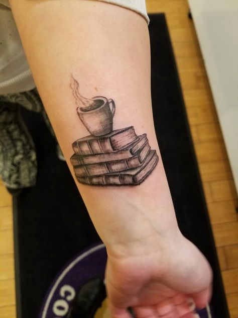 My stack of books with a cup of coffee tattoo Books And Coffee Tattoo, Book And Coffee Tattoo, Coffee Tattoo Design, Cup Of Coffee Tattoo, Coffee Cup Tattoo, Books Tattoo, Cup Tattoo, Coffee Tattoo, Tattoo Process