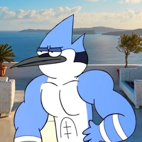 Mordecai Pfps, Mordecai And Rigby Matching Pfp, Buff Cartoon Character, Mordecai Pfp, Buff Character, Buff Cartoon, Cartoon Gym, Regular Show Mordecai, Mordecai And Rigby