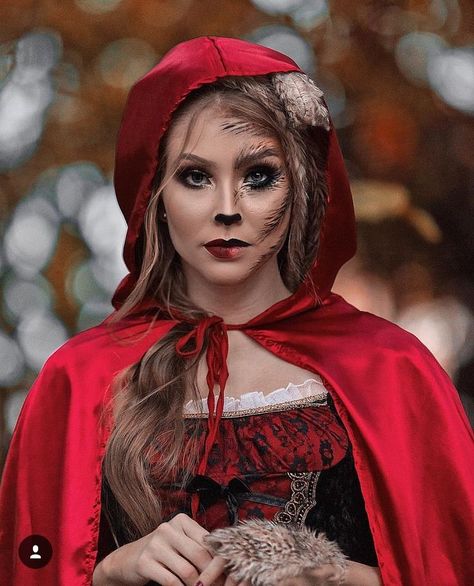 Fantasia halloween Little Red Riding Hood Makeup, Red Riding Hood Makeup, Little Red Riding Hood Halloween, Werewolf Costume, Halloween Make-up Looks, Celebrity Halloween, Celebrity Costumes, Creepy Costumes, Red Riding Hood Costume