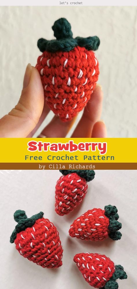 Free Crochet Pattern Strawberry, Cute Crochet Ideas Strawberry, Small Strawberry Crochet Pattern, Strawberry Themed Crochet, Crochet Mini Strawberry, Car Accessories Crochet, Crochet Farmhouse, Living And Kitchen, Valentine Strawberries