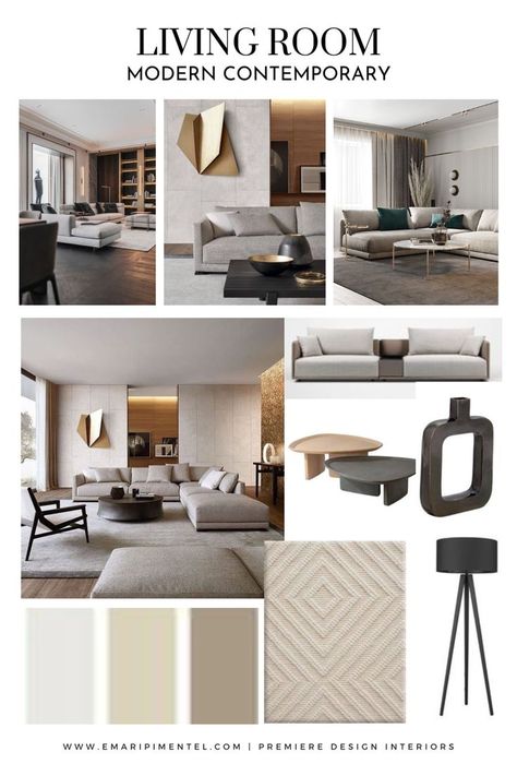 Modern Contemporary Living Room Moodboard Living Room Design Brown, Creative Living Room Ideas, Modern Contemporary Interior Design, Modern Minimalist Interior Design, Modern Contemporary Living, Mood Board Interior, Modern Contemporary Living Room, Interior Design Presentation, Living Room Design Inspiration