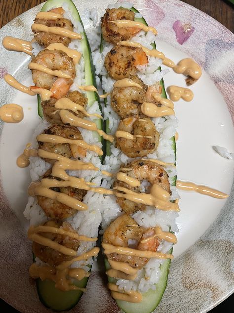 Cucumber Shrimp Boats, Cucumber Sushi Boat, Cucumber Boats Recipes, Shrimp Cucumber Boats, Cucumber Meals, Cucumber Sushi Boats, Shrimp And Cucumber, Sushi Boats, Cucumber Boats