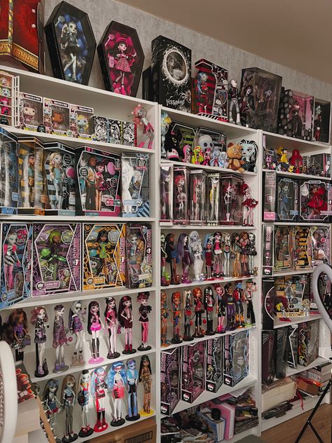 b Monster High Doll Collection, Dolls Monster High, Monster High Room, Doll Organization, Horror Room, Shelf Inspiration, Monster High Pictures, Moster High, Monster Dolls