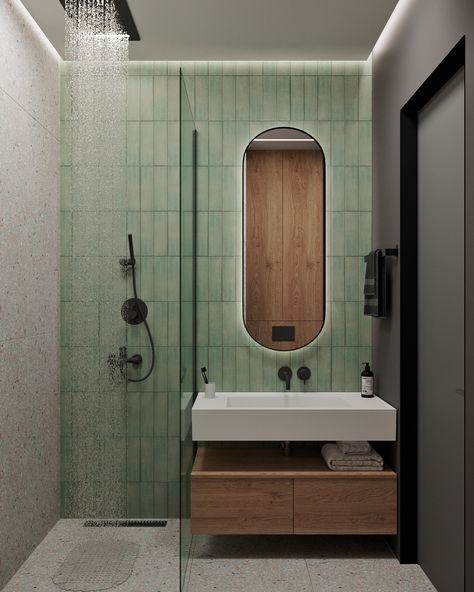 Fresh :: Behance Bathroom Render, Light Green Bathrooms, Small Bathroom With Shower, Berlin Apartment, Minimalist Apartment Style, Round Wood Dining Table, Verde Salvia, Flat Ideas, Bathroom Goals