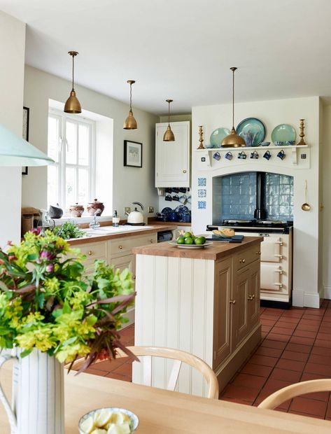 English Cottage Interior Design, Terra Cotta Kitchen, Backsplash Accent, Moody Kitchen, Cozy Cottage Kitchen, Cottage Interior Design, Accent Tiles, Devol Kitchens, Fall Kitchen Decor