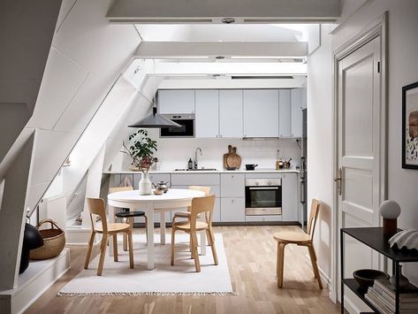 Scandinavian Attic, Attic Living Rooms, Attic Kitchen, Apartment Styling, Couples Apartment, Cozy Scandinavian, Attic Design, Attic Apartment, Danish Furniture Design