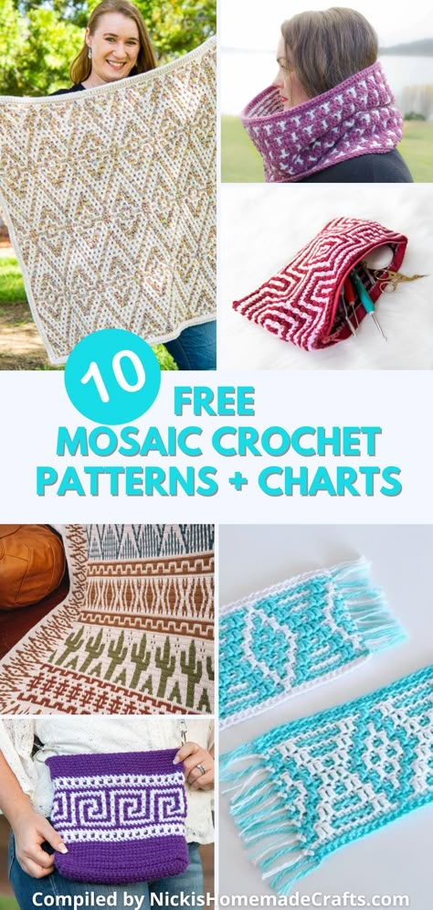 Mosaic crochet is a versatile technique that can be applied to various projects, such as blankets, scarves, or even garments. It's a great way to explore color and texture in your projects while still using familiar and straightforward stitches. Just follow a simple color chart and you can create an impressive design that you can be proud of. Get the mosaic crochet patterns free, with charts, from Nicki's Homemade Crafts. #mosaiccrochetchart #freecrochetpattern Simple Mosaic Crochet Pattern, Small Mosaic Crochet Projects, How To Do Mosaic Crochet, Mosaic Crochet Projects, Easy Mosaic Crochet Patterns Free, How To Mosaic Crochet, Free Mosaic Crochet Patterns Free Charts, Overlay Mosaic Crochet Patterns Free, Beginner Mosaic Crochet Patterns Free