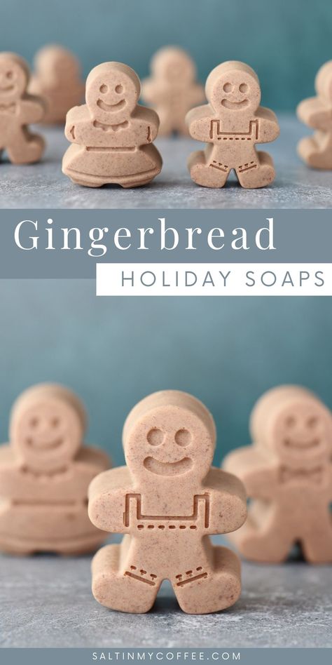 Miniature soaps that look like gingerbread boy cookies Christmas Soaps, Easy Gingerbread, Homemade Soap Bars, Handmade Soap Recipes, Holiday Soap, Gingerbread Diy, Cookie Christmas, Christmas Crafts To Sell, Christmas Soap