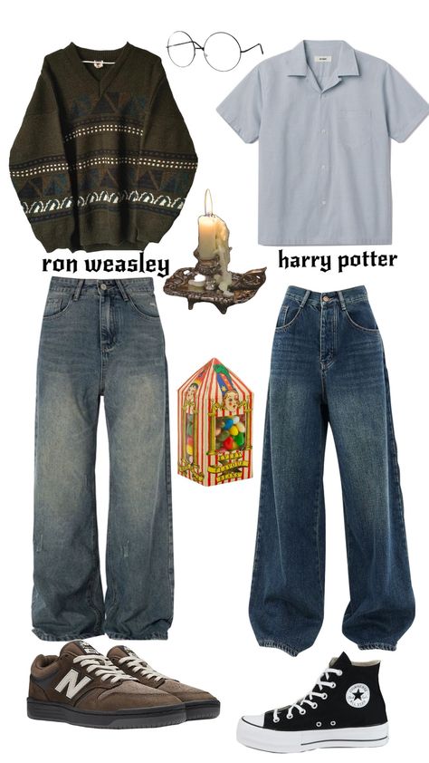 ron + harry • #modernhpoutfits Harry Potter Sweater Outfit, Harry Potter Core Outfits, Universal Harry Potter Outfits, Harry Potter Aesthetic Outfits, Harry Potter Outfits Aesthetic, Harry Potter Fashion, Outfit Core, Harry Potter Outfit, Harry Potter Sweater