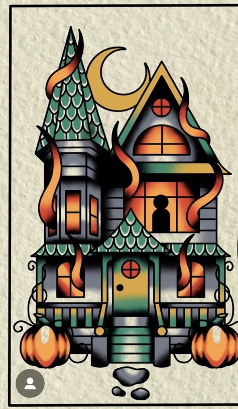 Neo Traditional Haunted House Tattoo, Haunted House Traditional Tattoo, American Traditional Haunted House Tattoo, American Traditional House Tattoo, Traditional House Tattoo, Spooky House Tattoo, Traditional Forest Tattoo, Haunter Tattoo, Haunted House Tattoo