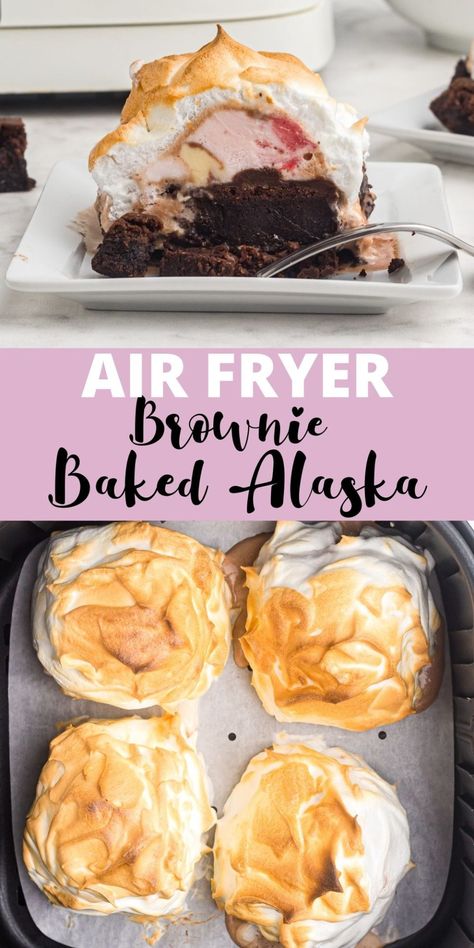 Air fryer brownie baked Alaska is a delicious dessert made with an ice cream topped brownie, and then coated with a crispy meringue.